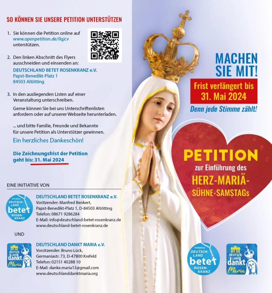 Flyer Petition zur Einführung des Herz Mariä Sühne Samstag